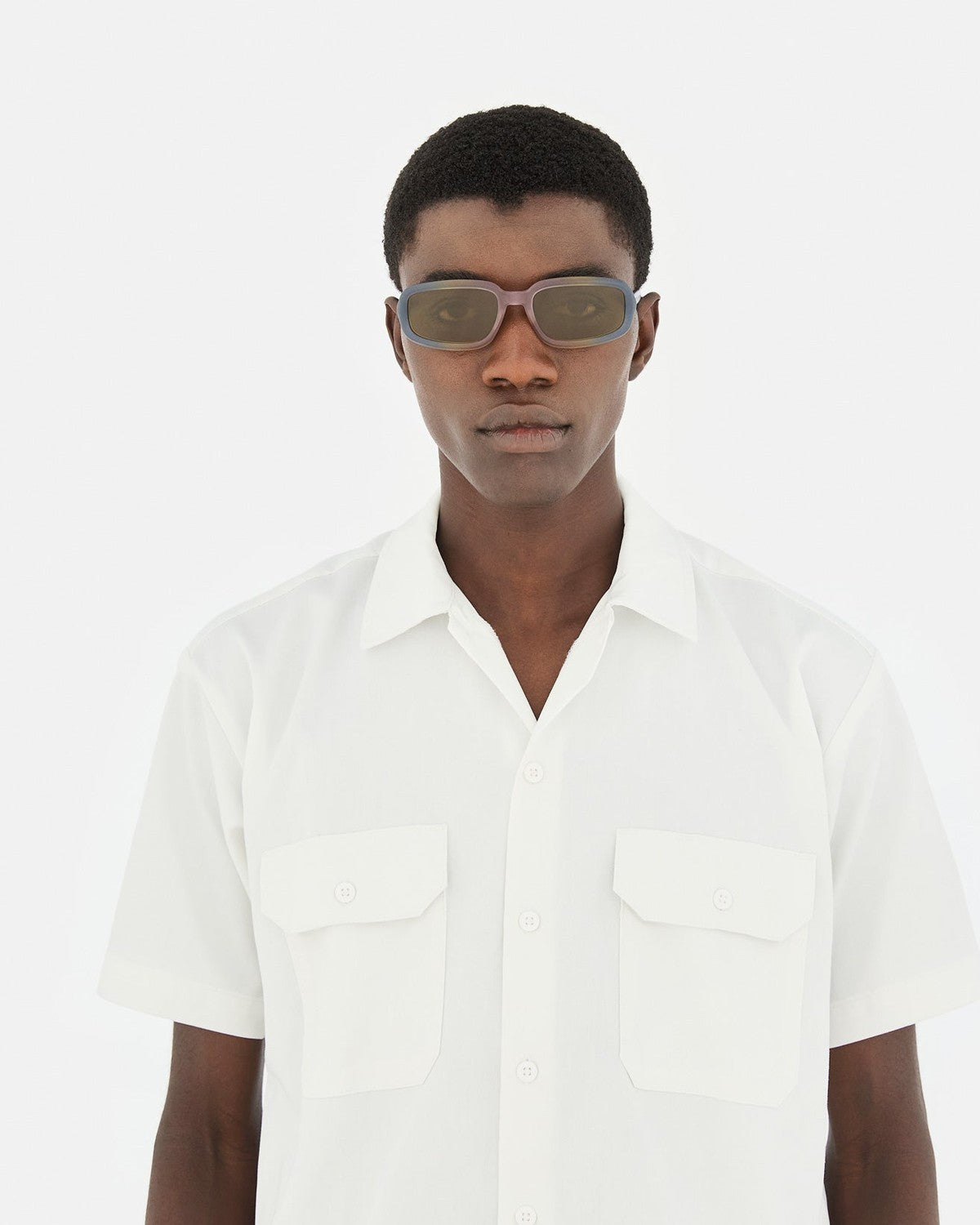 Front try-on view of RETROSUPERFUTURE Troll Side Fade sunglasses on model.