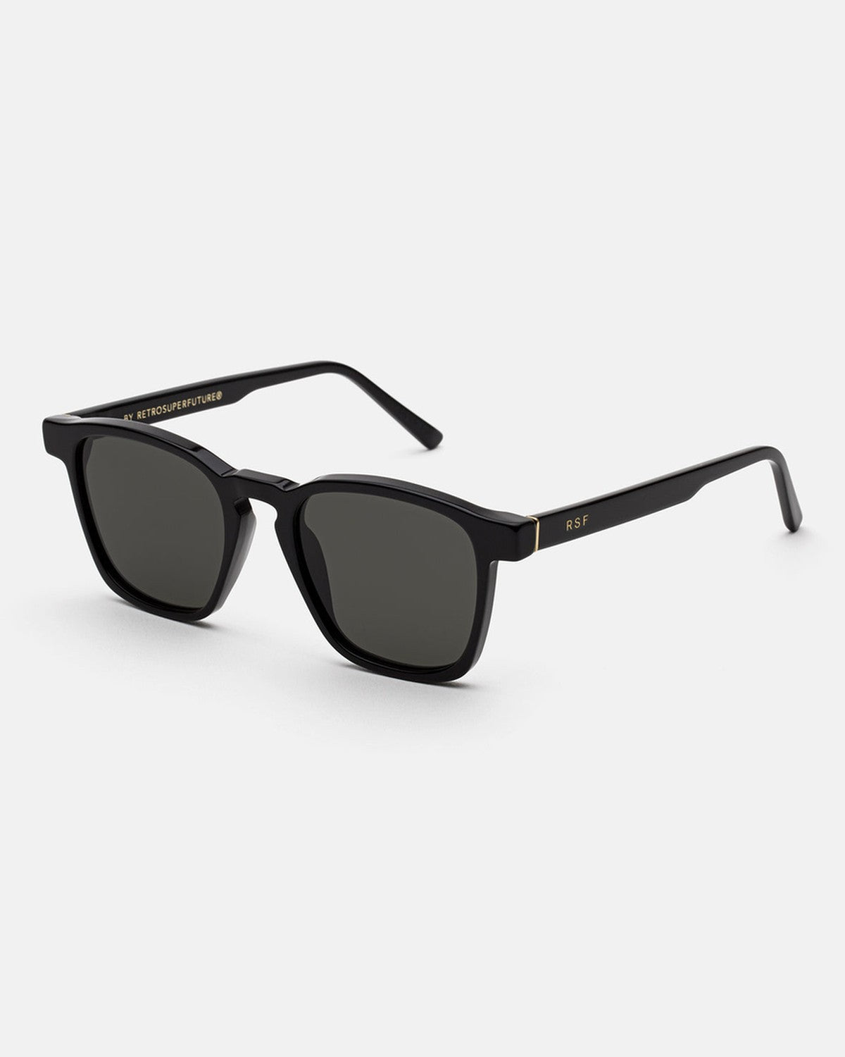 Angle view of RETROSUPERFUTURE Unico Black sunglasses showing the temple and RSF logo.