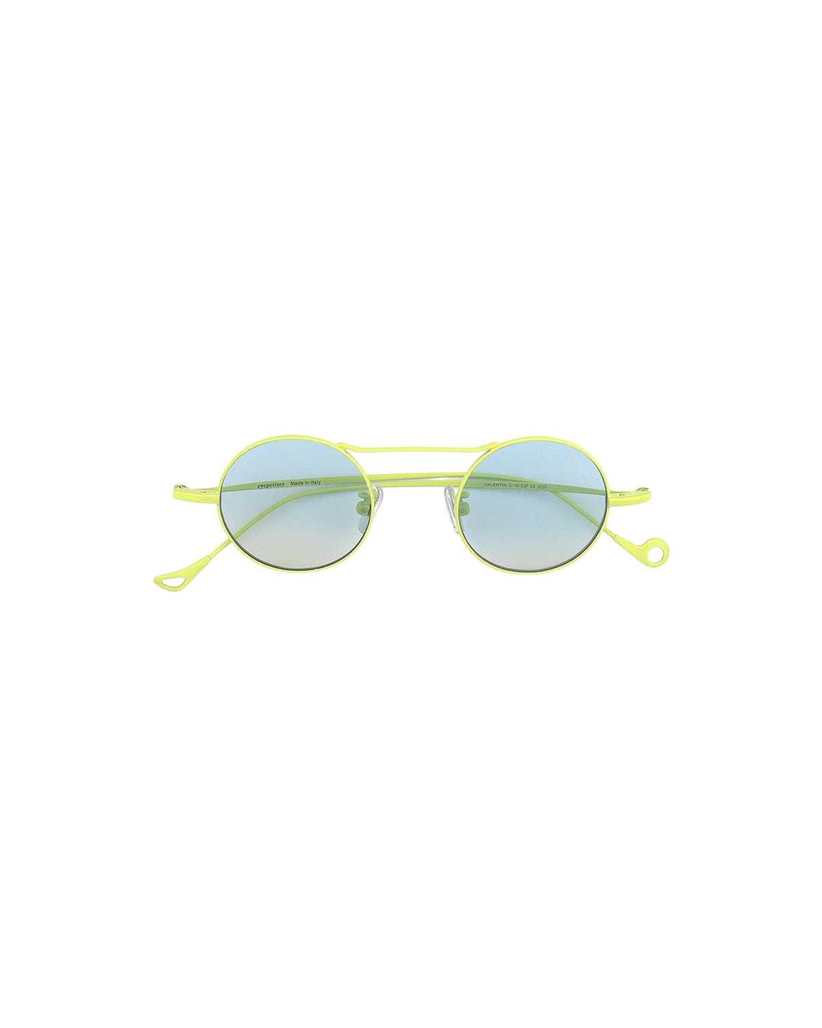 Front view of EYEPETIZER VALENTIN C.12-23F sunglasses with yellow frame and round blue-tinted lenses.