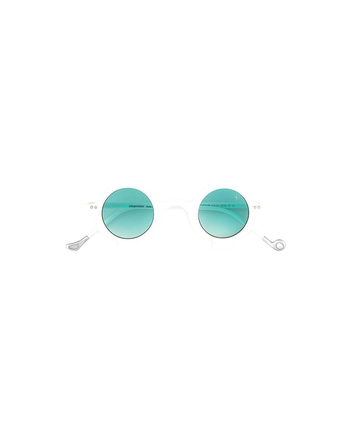 Front view of EYEPETIZER VENTIDUE C.C-1-21 sunglasses with round turquoise lenses.