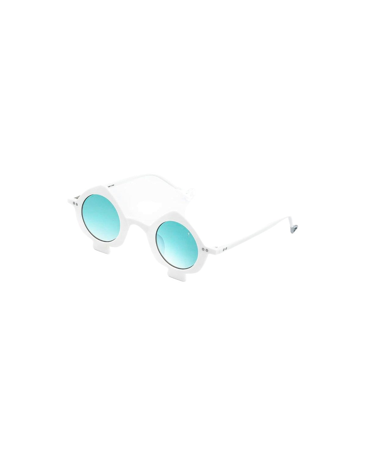 Angled view of EYEPETIZER VENTIDUE C.C-1-21 sunglasses showing translucent white frames and turquoise lenses.