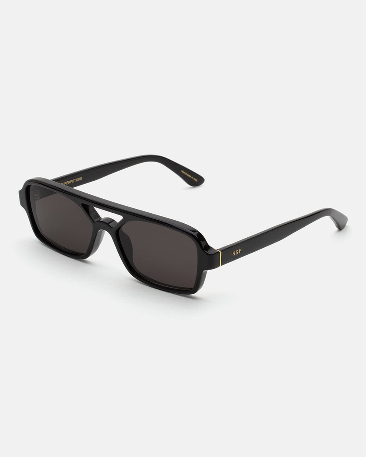 Angle view of RETROSUPERFUTURE Vico Black sunglasses showing temple detail.