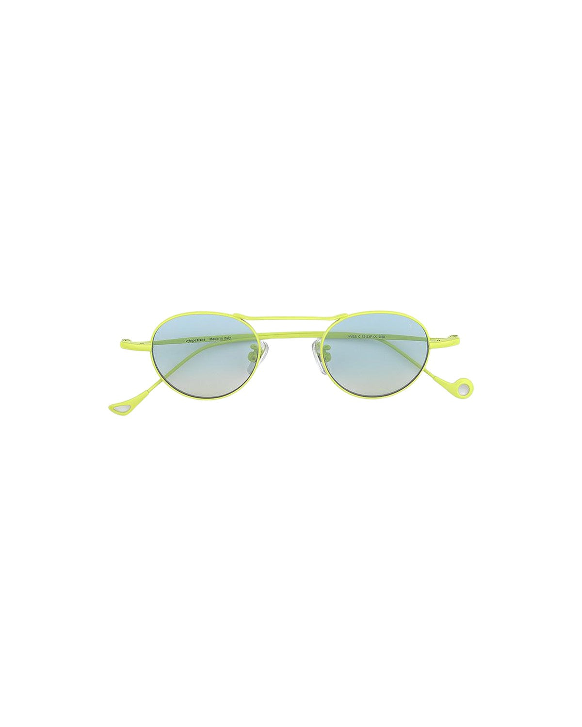 Front view of EYEPETIZER YVES C.12-23F sunglasses with yellow metal frames and round blue-tinted lenses.
