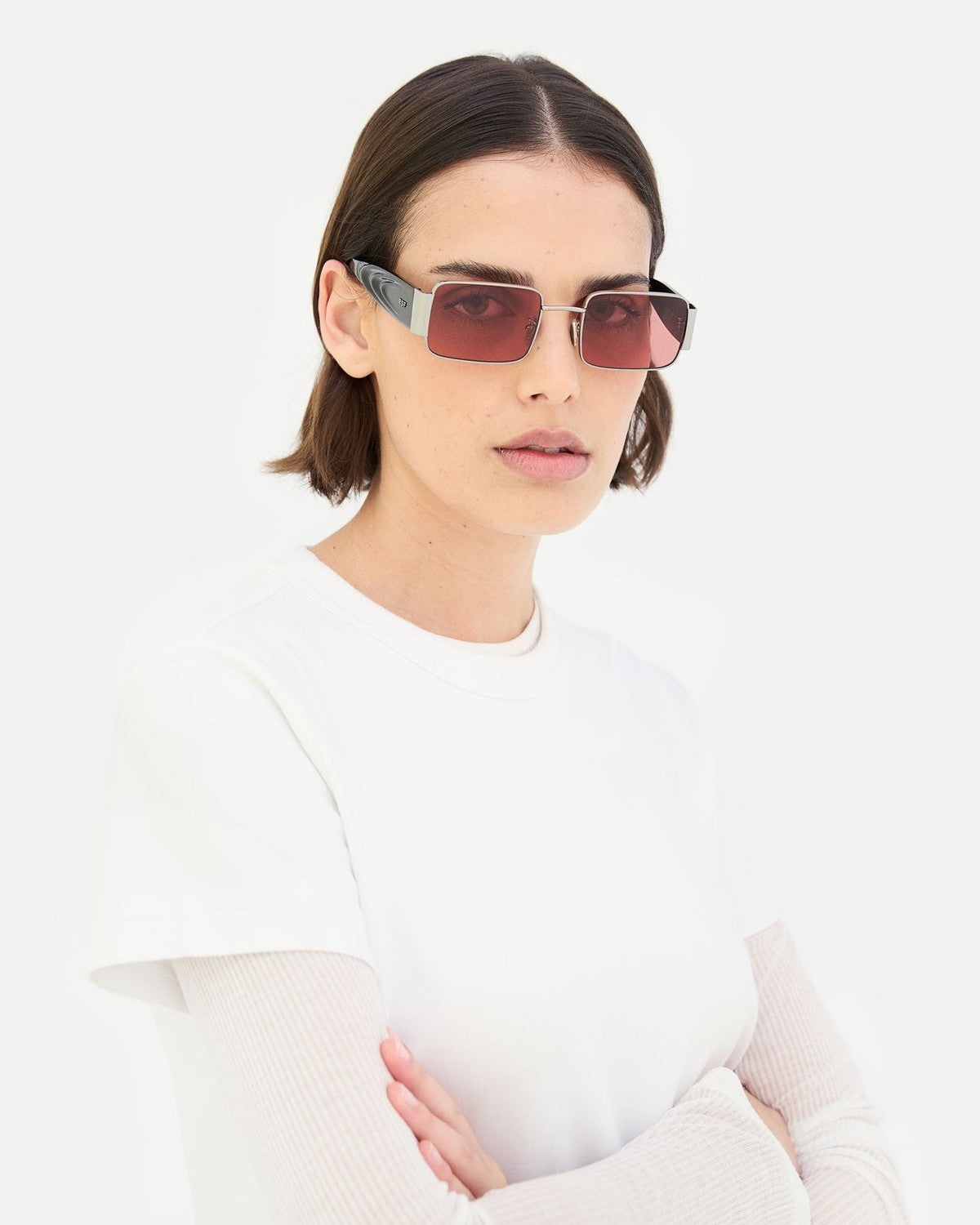 Model wearing RETROSUPERFUTURE Z Bordeaux sunglasses in angled front view.